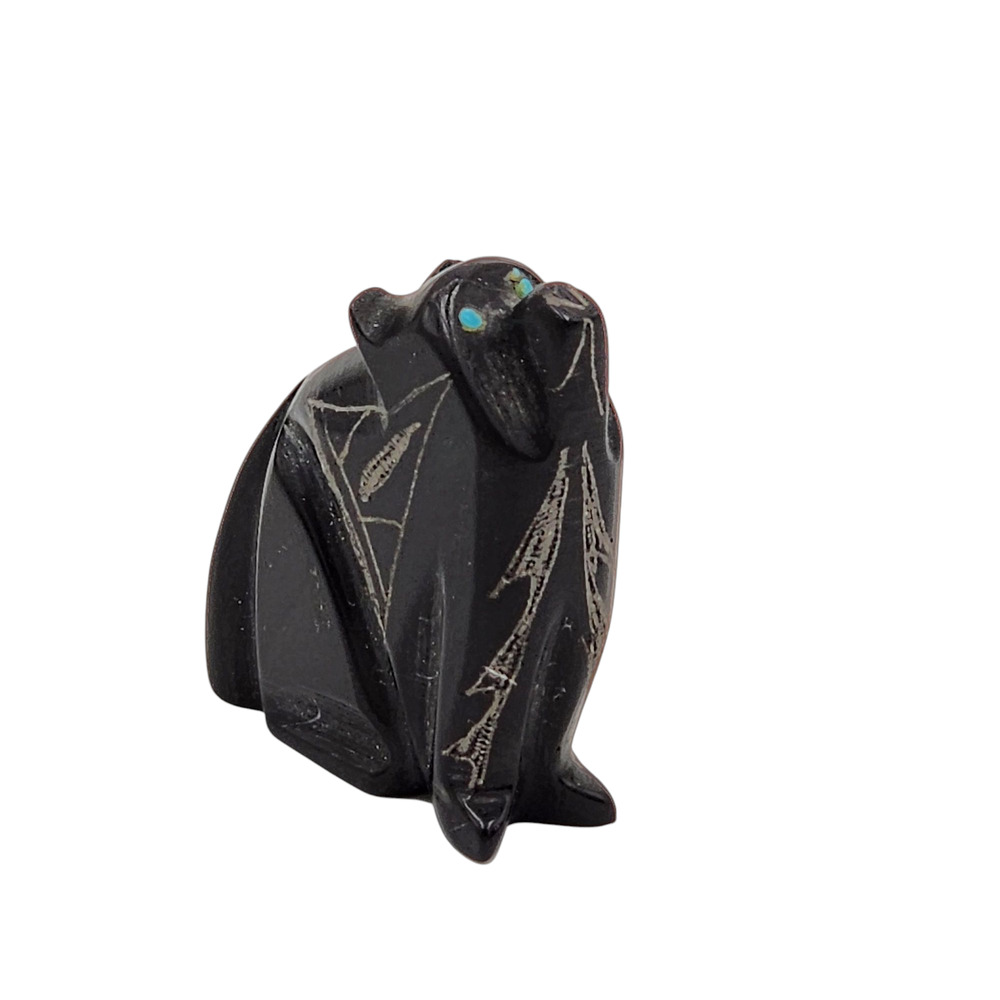 Native American Zuni Black Marble Bear Fetish Carved Stone Signed Turquoise - Picture 16 of 16